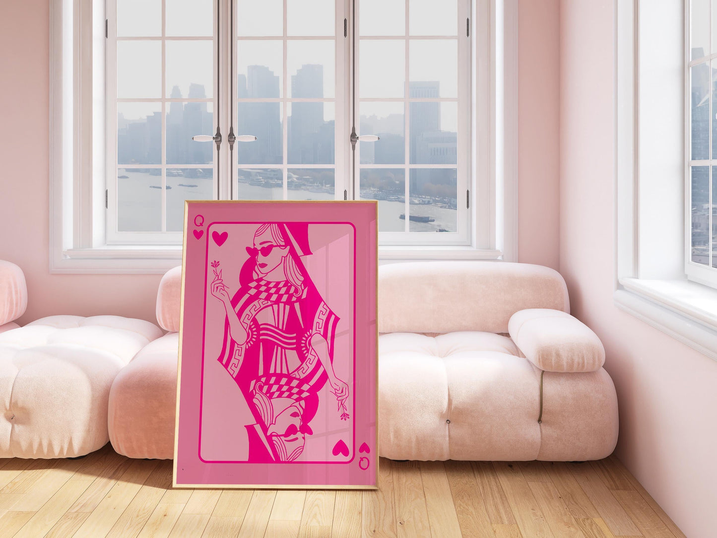 Pink Queen of Hearts Poster - Modern Feminine Art Print, Pink Aesthetic Wall Decor, Trendy Playing Card Art, Valentines Gift for her
