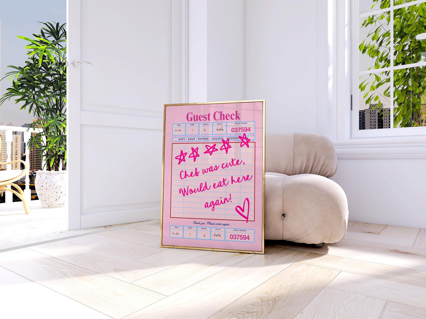 Guest Check Poster - Chef was cute wall Art - Pink Decor - Valentine's Wall Art