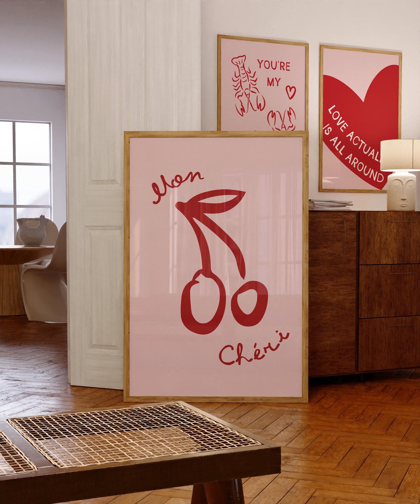 Pink Mon Chéri Kitchen Print -French Cherry Wall Art - Housewarming Gift, Valentine's Print