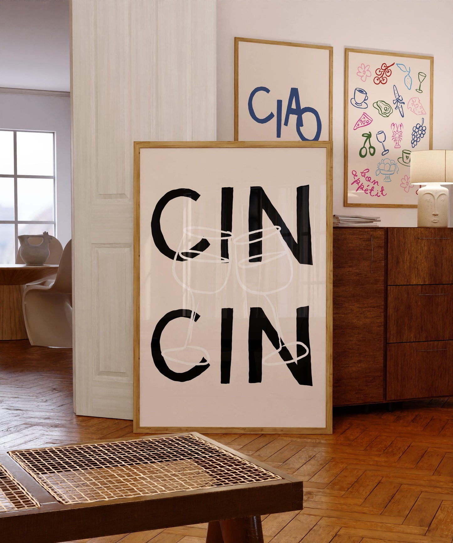 Cin Cin Print, Wine Glass Cheers Poster, Typography Kitchen Print