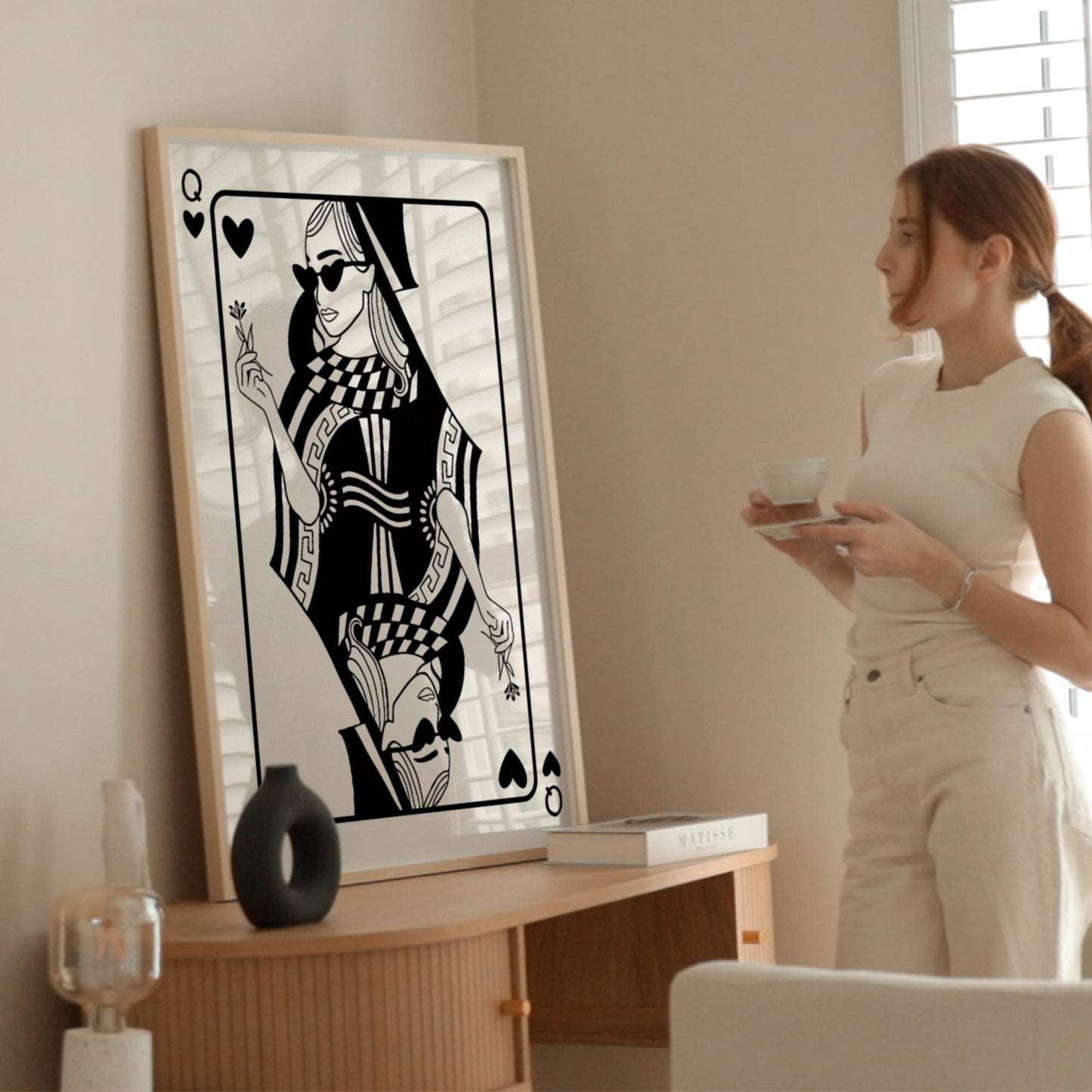 Queen of Hearts Poster - Modern Feminine Art Print, Neutral Aesthetic Wall Decor, Trendy Playing Card Art, Valentines Gift for her