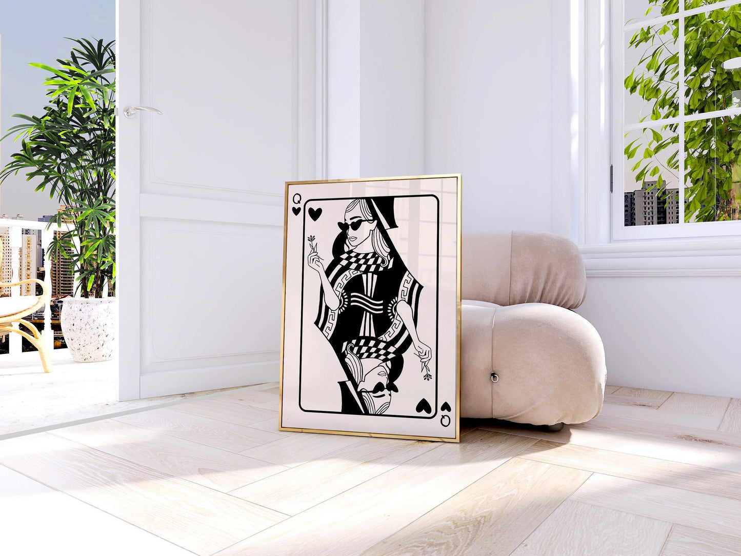 Queen of Hearts Poster - Modern Feminine Art Print, Neutral Aesthetic Wall Decor, Trendy Playing Card Art, Valentines Gift for her