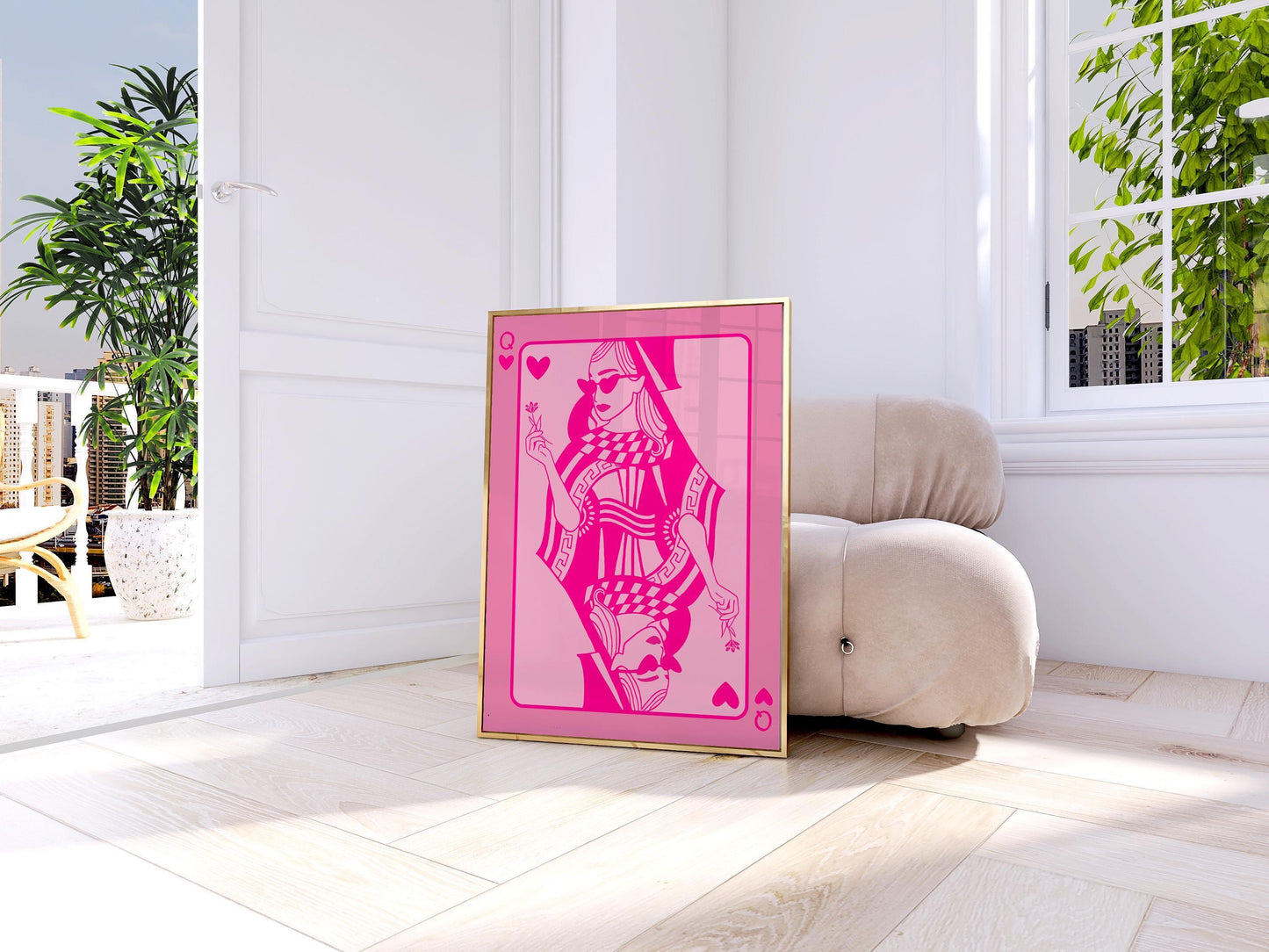 Pink Queen of Hearts Poster - Modern Feminine Art Print, Pink Aesthetic Wall Decor, Trendy Playing Card Art, Valentines Gift for her