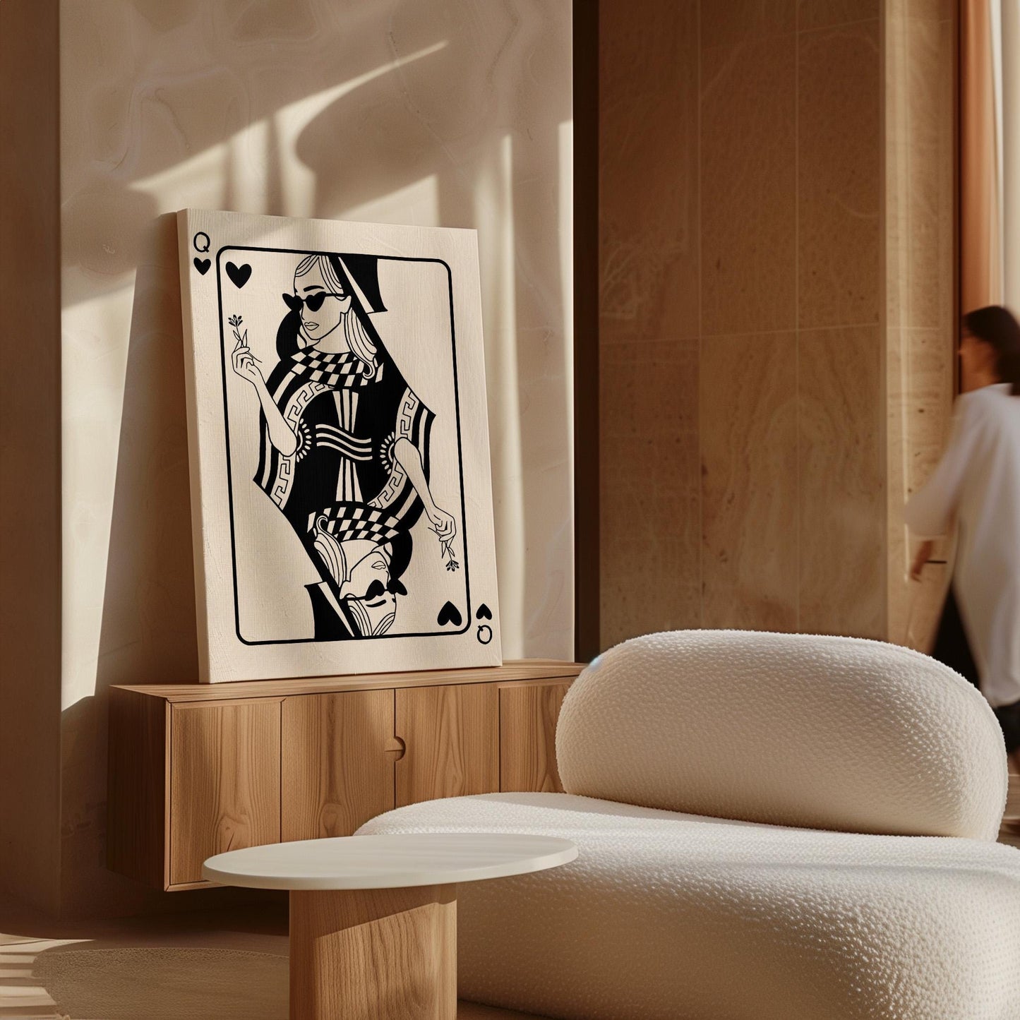 Queen of Hearts Poster - Modern Feminine Art Print, Neutral Aesthetic Wall Decor, Trendy Playing Card Art, Valentines Gift for her