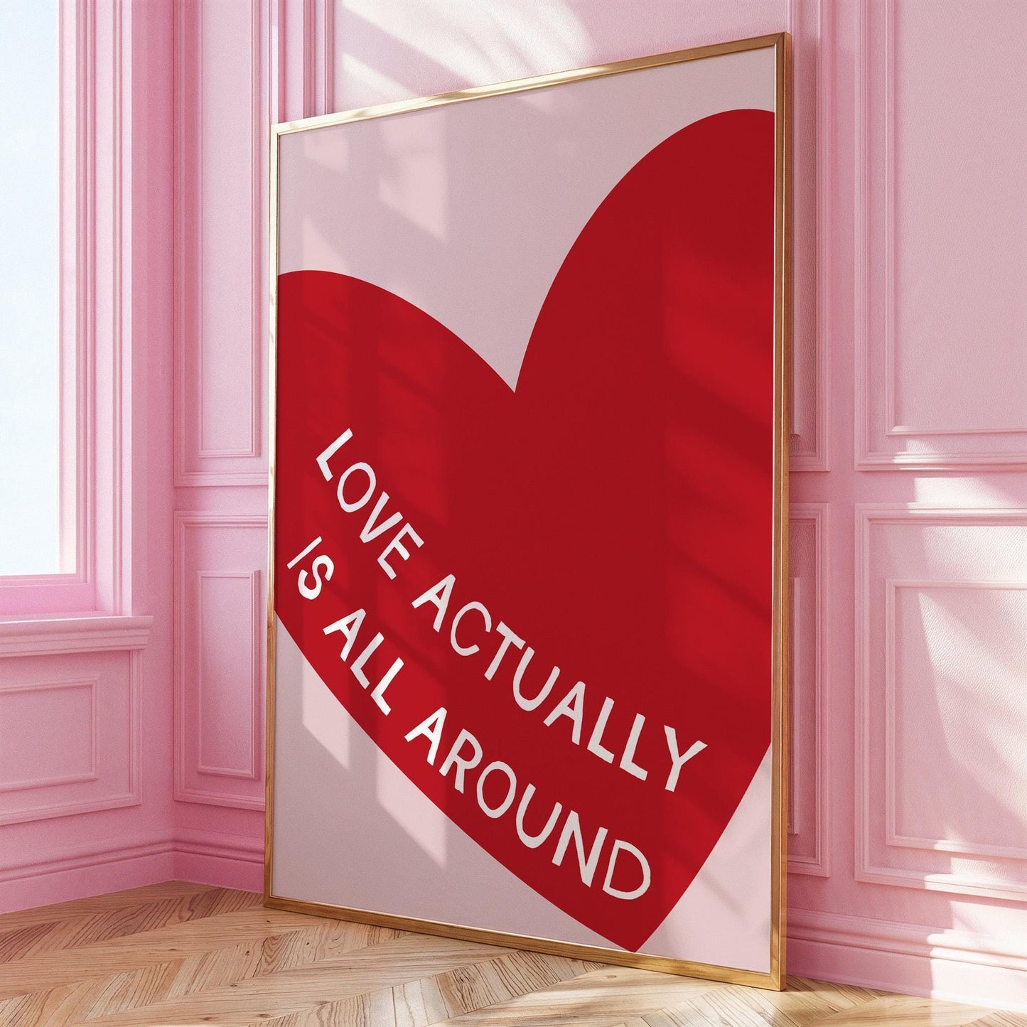Love Actually Is All Around Poster, Red Heart Wall Art, Retro Illustration Poster, Print for Bedroom, Valentine's Print