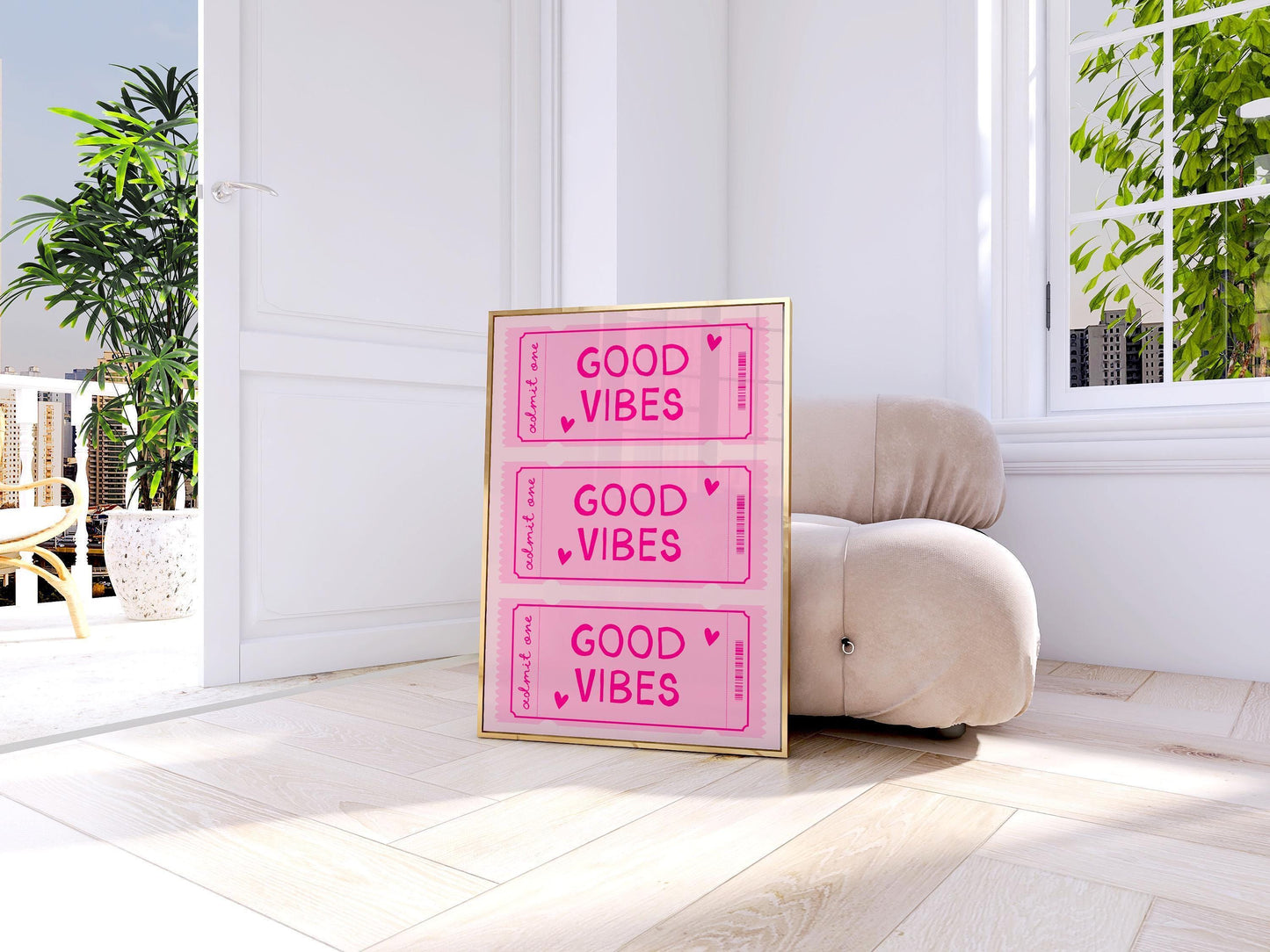 Retro Good Vibes Ticket Print, Pink Home Decor, Pink Wall Art, Bedroom Decor