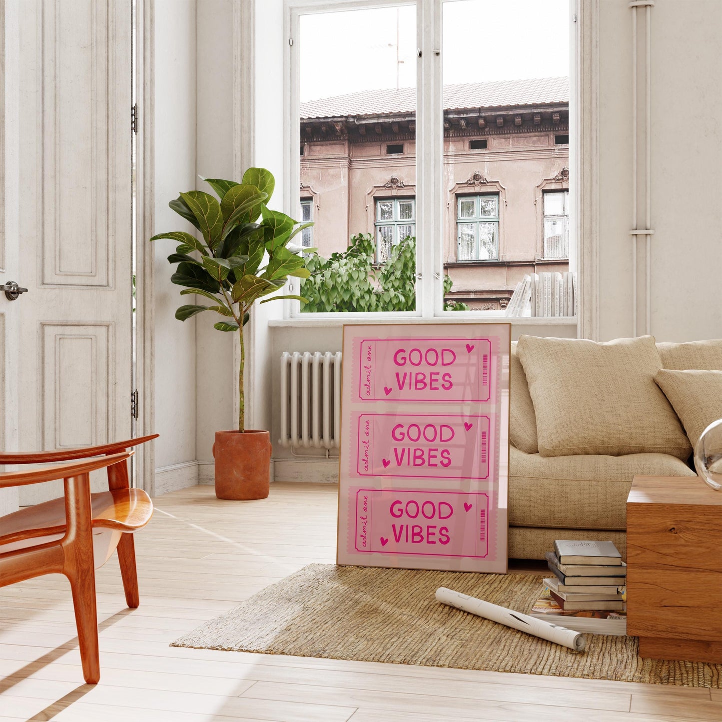 Retro Good Vibes Ticket Print, Pink Home Decor, Pink Wall Art, Bedroom Decor