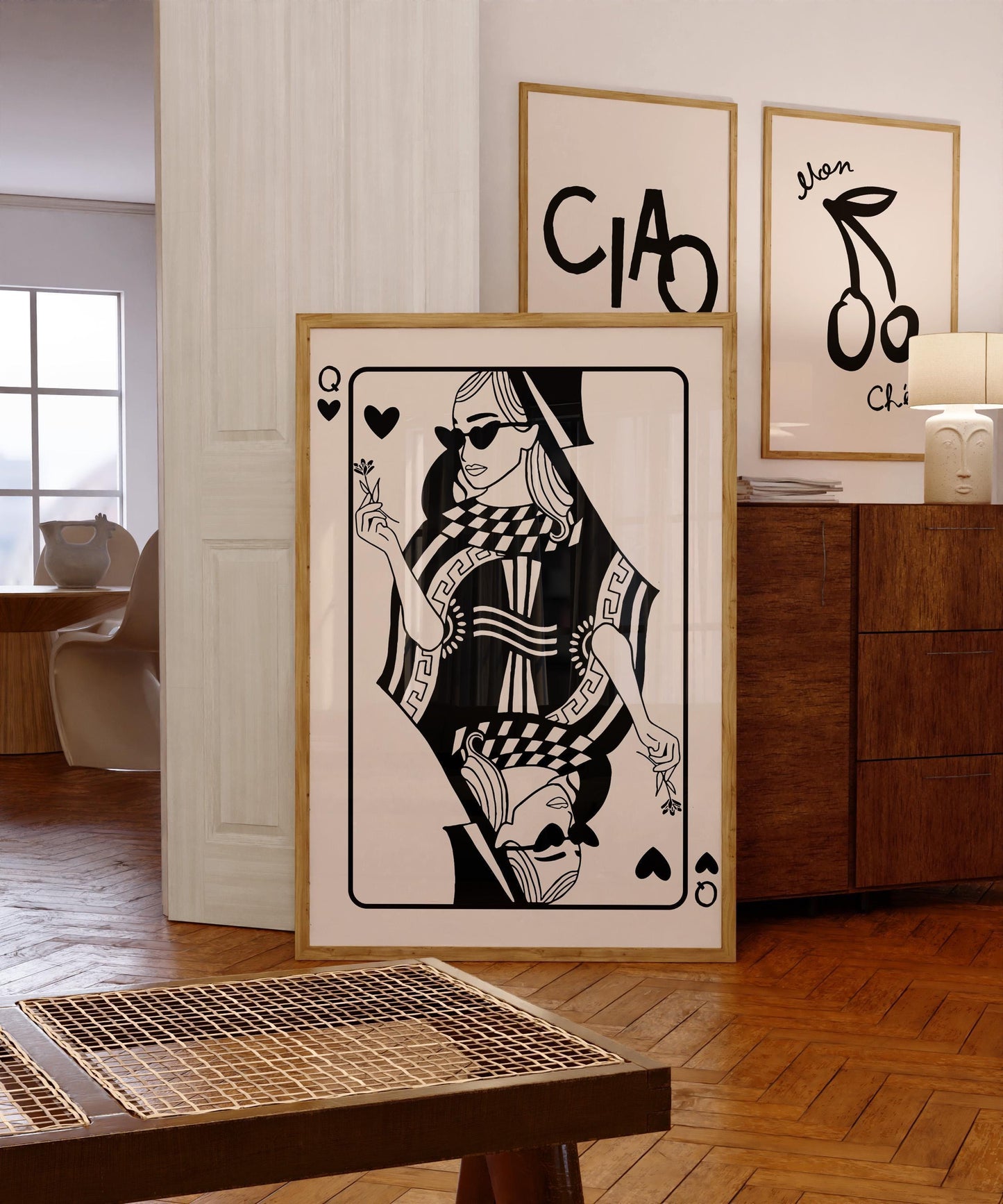 Queen of Hearts Poster - Modern Feminine Art Print, Neutral Aesthetic Wall Decor, Trendy Playing Card Art, Valentines Gift for her