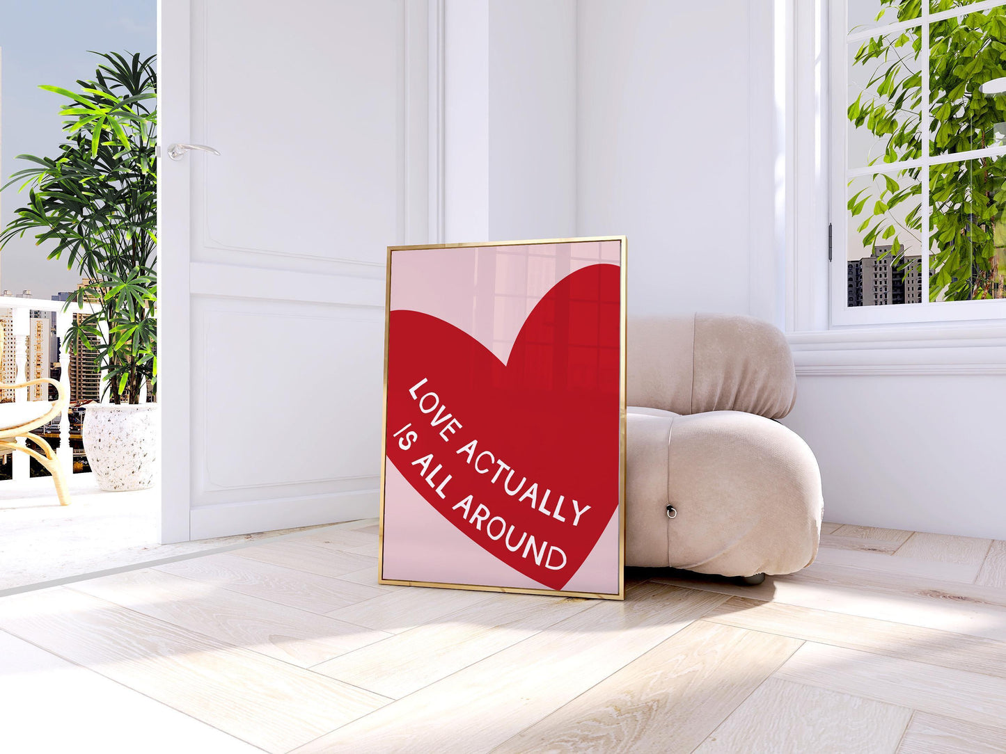 Love Actually Is All Around Poster, Red Heart Wall Art, Retro Illustration Poster, Print for Bedroom, Valentine's Print