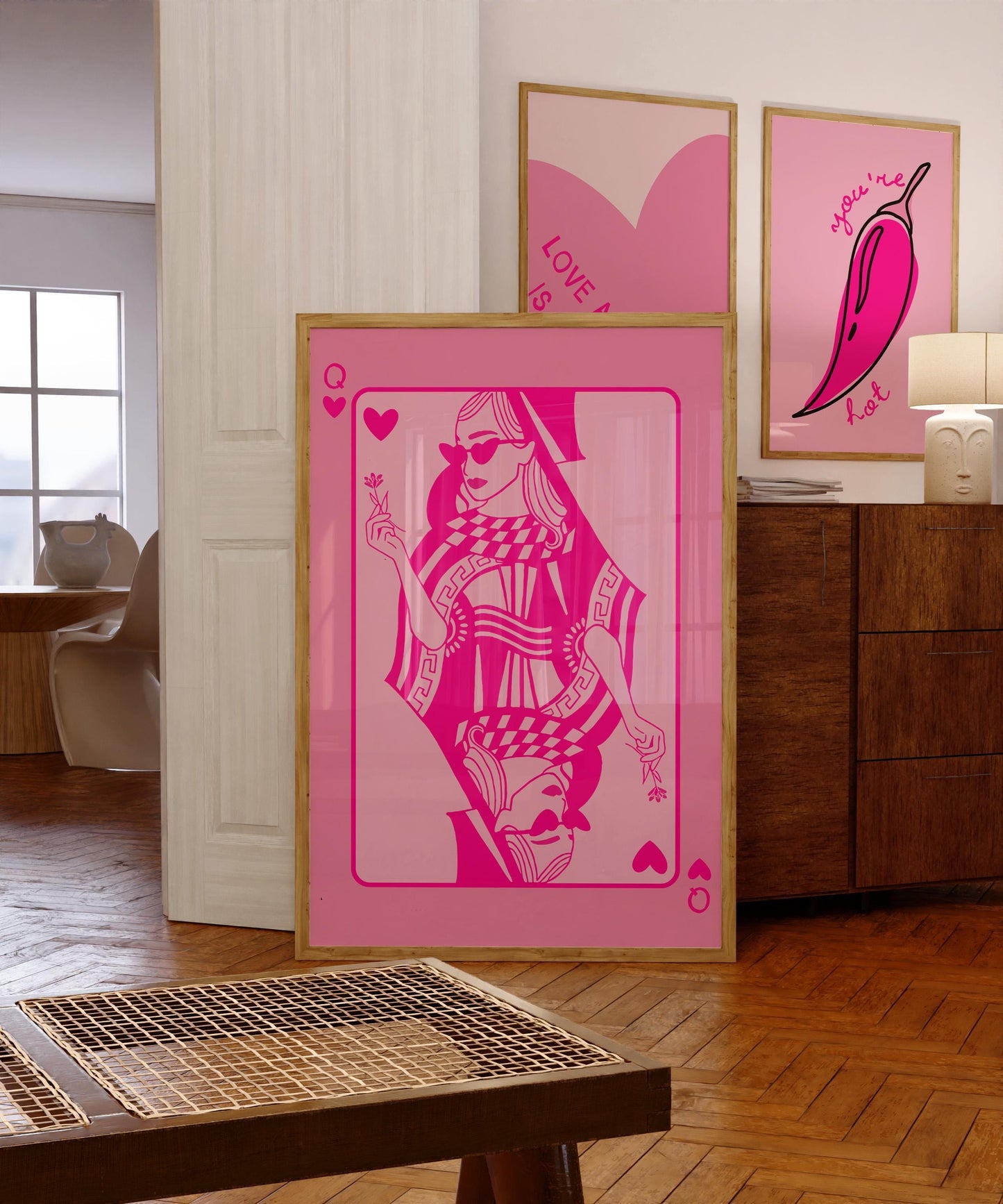 Pink Queen of Hearts Poster - Modern Feminine Art Print, Pink Aesthetic Wall Decor, Trendy Playing Card Art, Valentines Gift for her