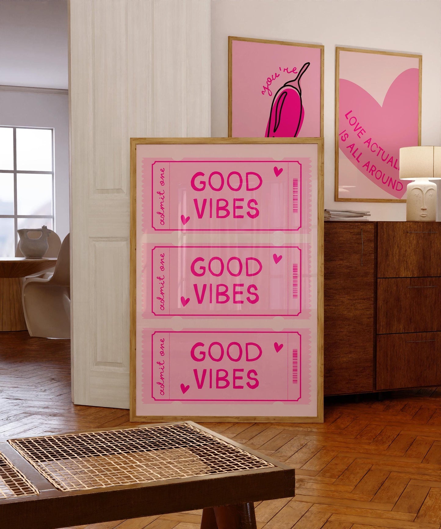 Retro Good Vibes Ticket Print, Pink Home Decor, Pink Wall Art, Bedroom Decor