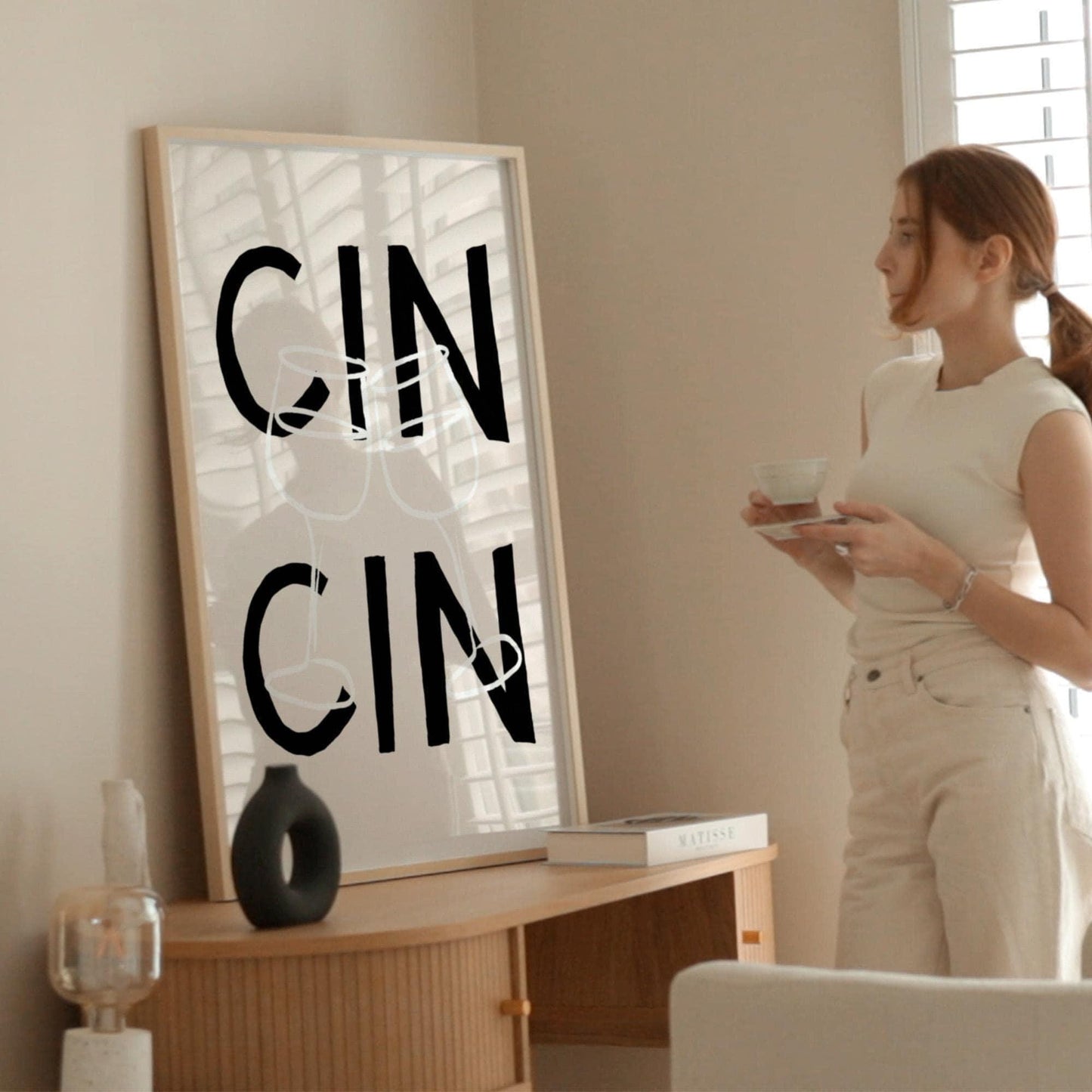 Cin Cin Print, Wine Glass Cheers Poster, Typography Kitchen Print
