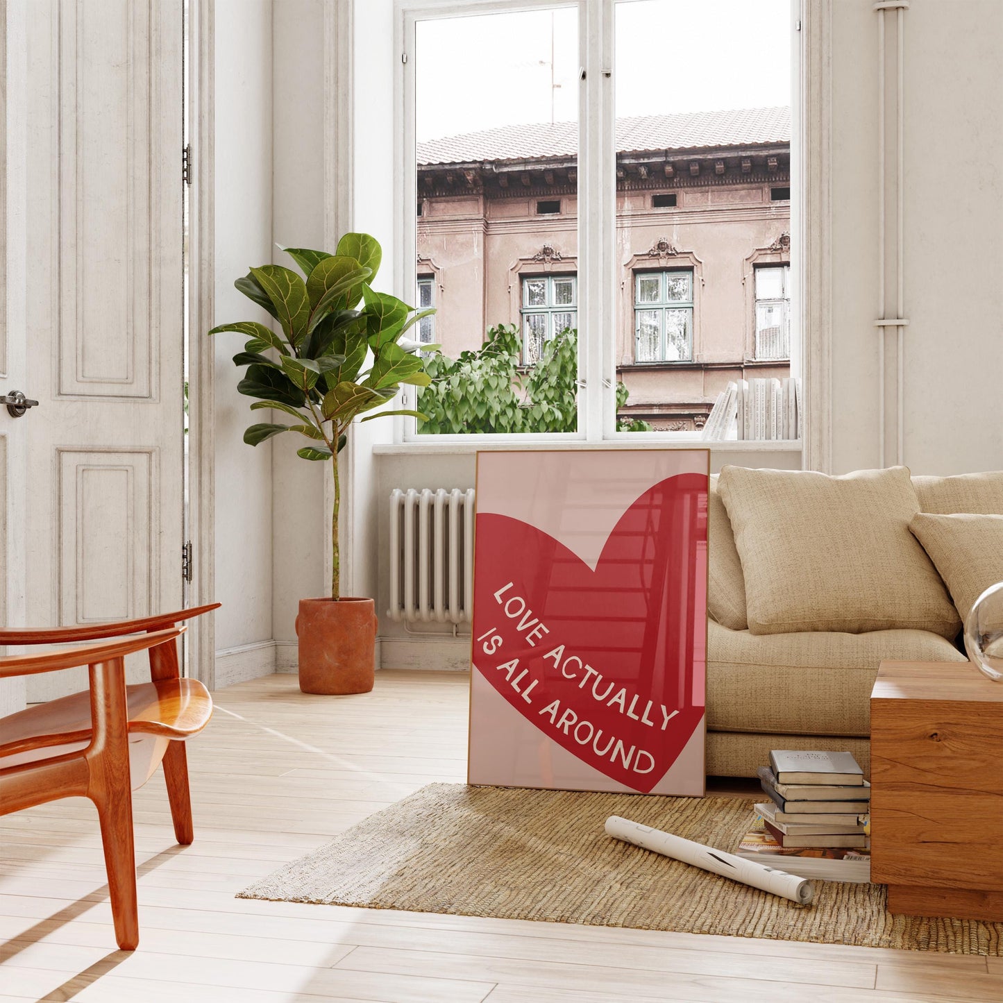 Love Actually Is All Around Poster, Red Heart Wall Art, Retro Illustration Poster, Print for Bedroom, Valentine's Print