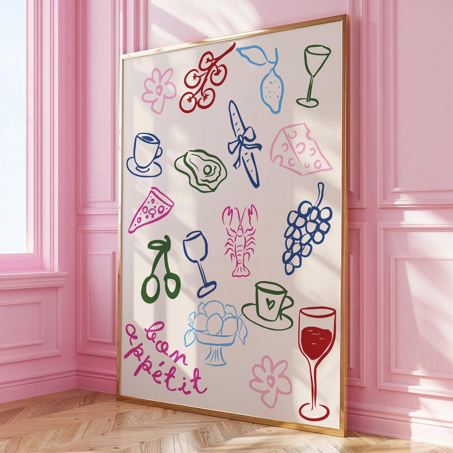 Bon Appétit French Doodle Print - Colourful Kitchen Wall Art - Modern Food Illustration Poster - Dining Room Decor