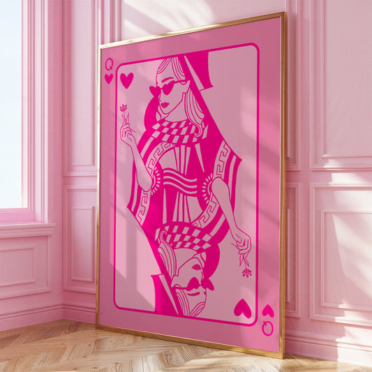 Pink Queen of Hearts Poster - Modern Feminine Art Print, Pink Aesthetic Wall Decor, Trendy Playing Card Art, Valentines Gift for her