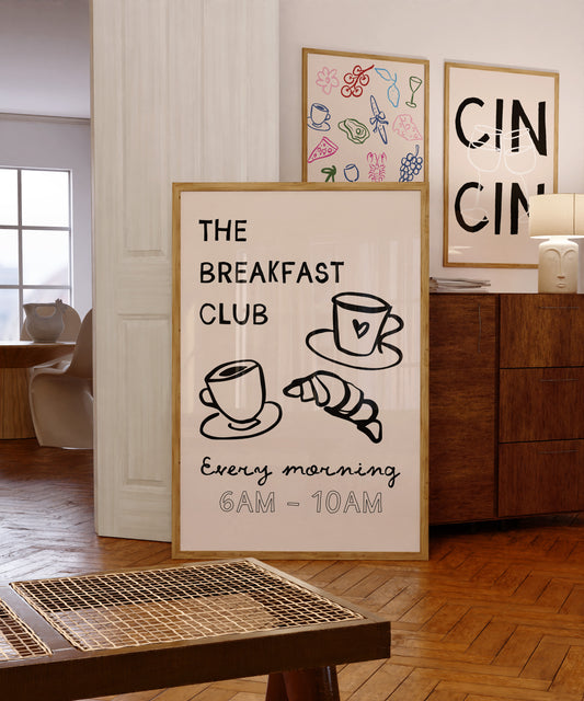 Breakfast Club Poster, Coffee and Croissant Print, Kitchen Poster