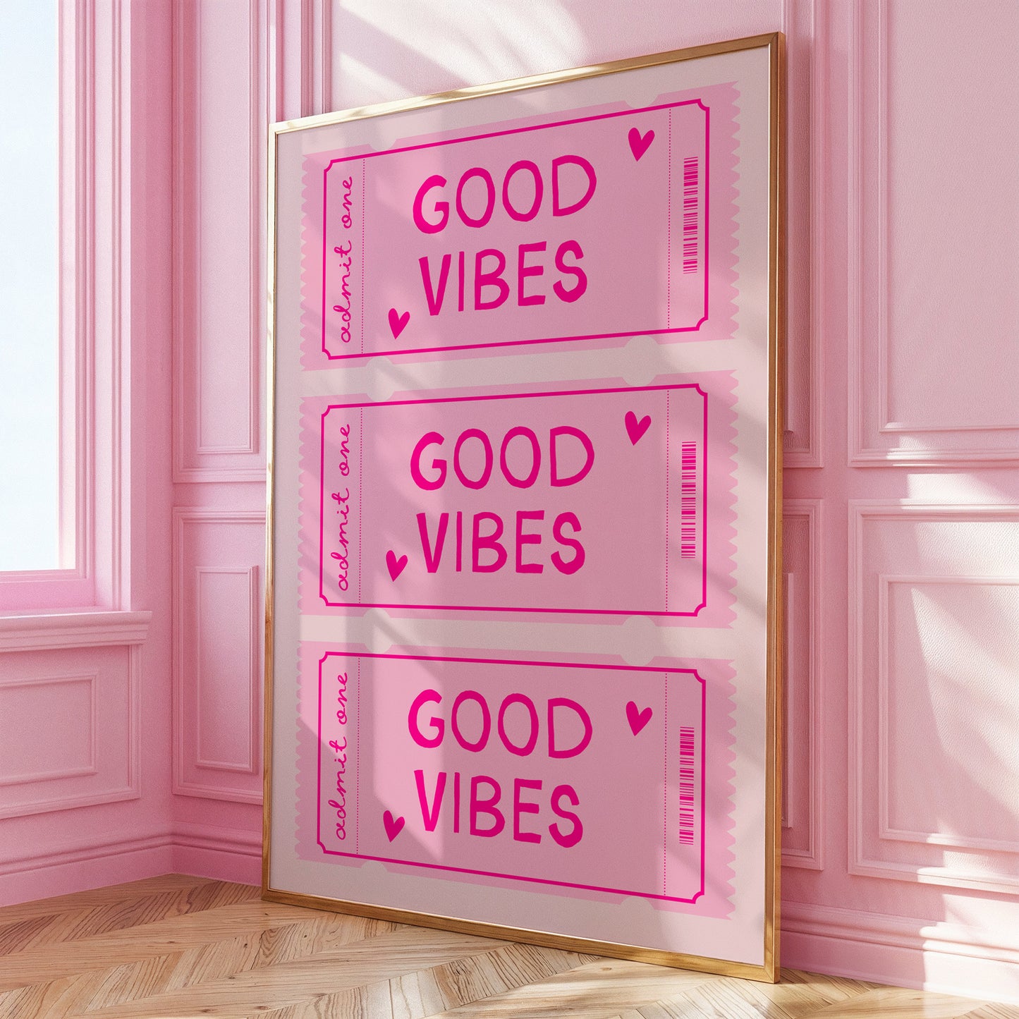 Retro Good Vibes Ticket Print, Pink Home Decor, Pink Wall Art, Bedroom Decor