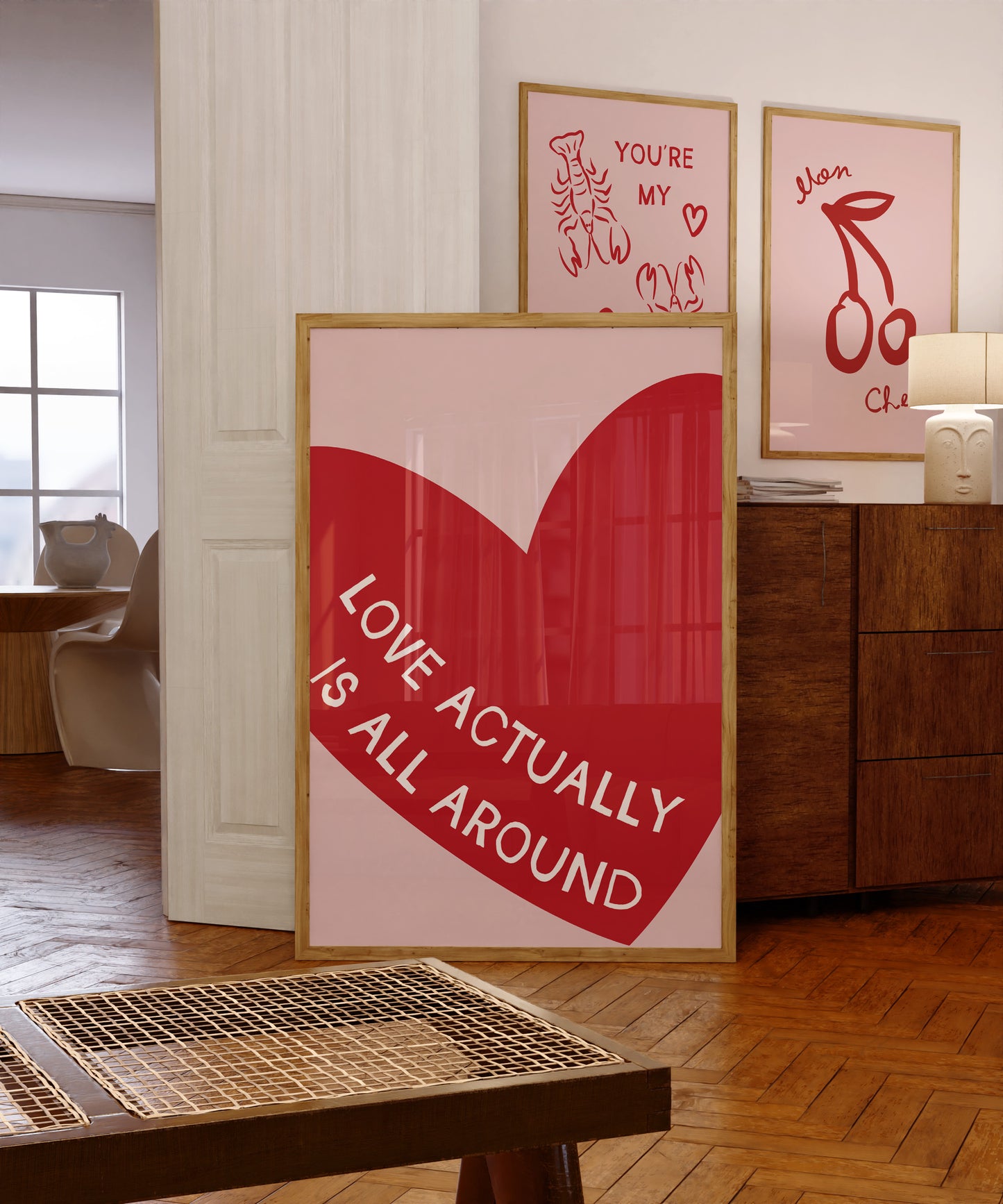 Love Actually Is All Around Poster, Red Heart Wall Art, Retro Illustration Poster, Print for Bedroom, Valentine's Print